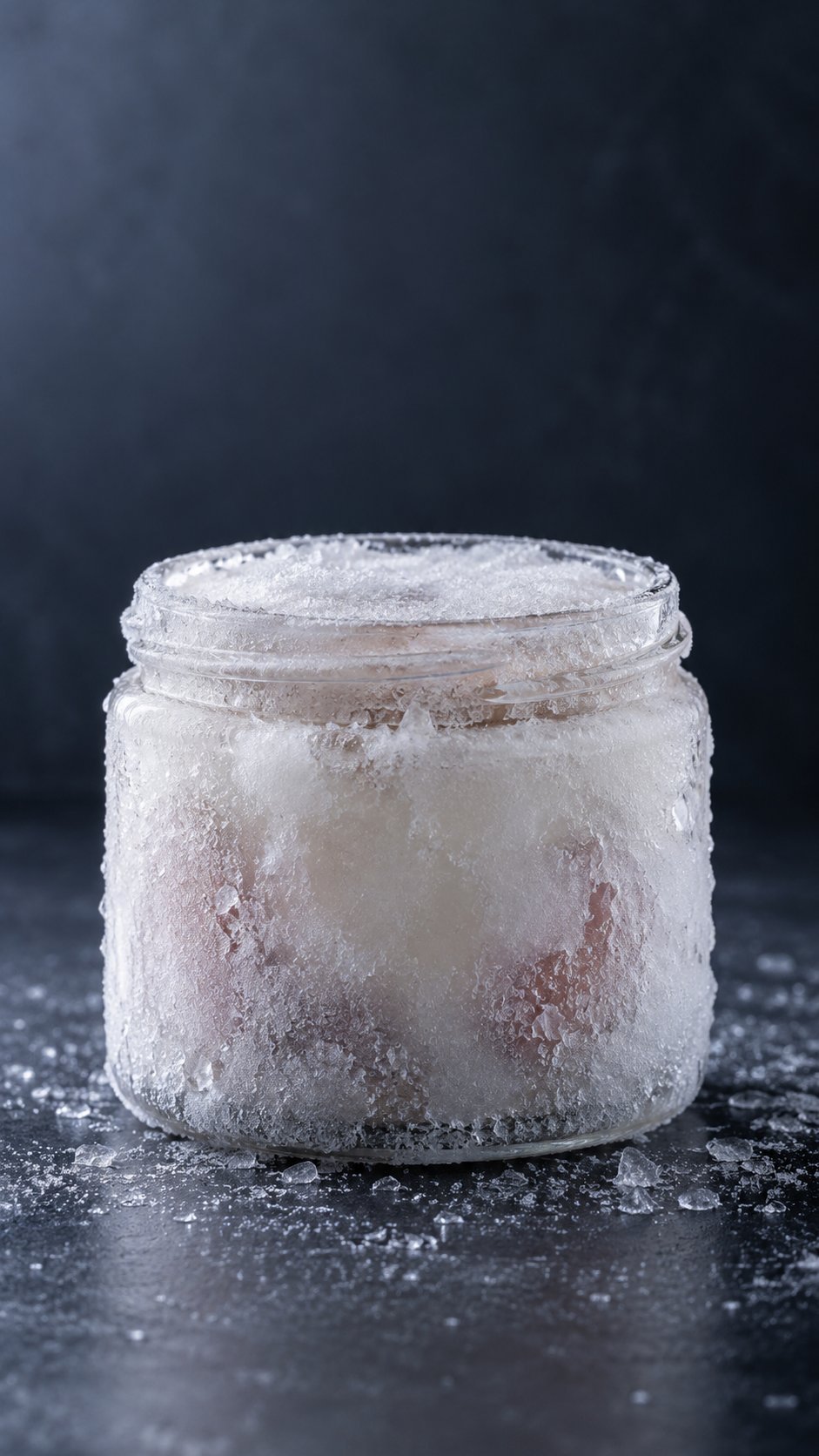 The mystery jar, completely frozen under a layer of white crystalline salt